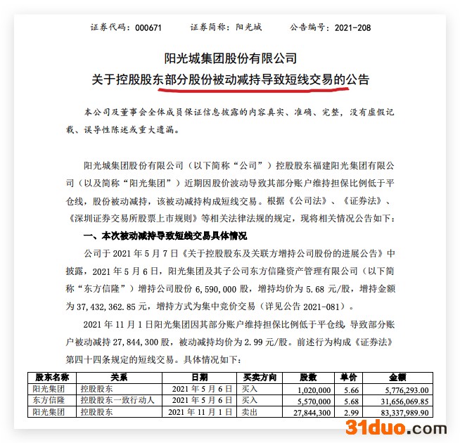 阳光城：控股股东及其一致行动人超八成股份被质押 阳光集团被动减持构成短线交易
