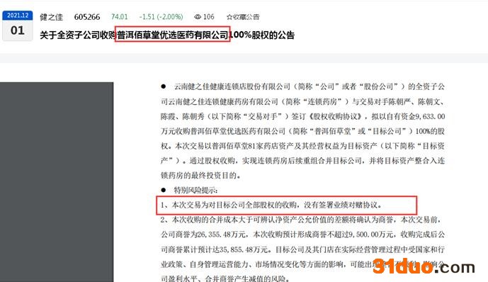 健之佳年内三笔股权收购案平均溢价超42倍背后：均未签署业绩对赌协议、有标的公司去年净利润下滑超20%、有标的公司被收购后净利出现下滑