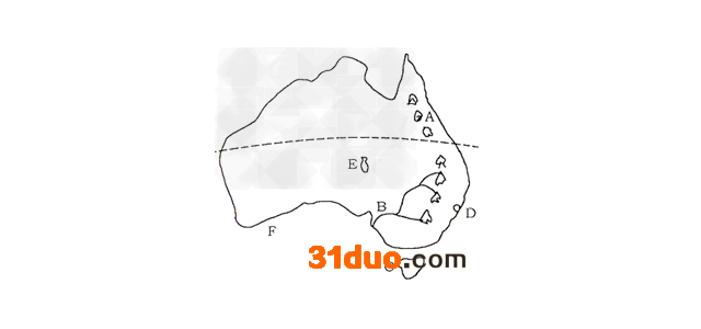 读下图填空：写出右图中各字母代表的地理事物的名称：A