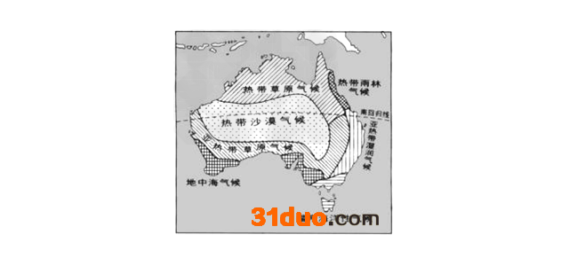 读右图，完成下列要求：从澳大利亚中部平原一直延伸到西海岸的气候类型是[ ]A．热带雨林气候B．热带沙漠气候C．地中海气