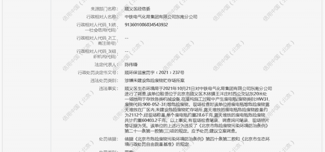 中铁电气化局东南分公司因露天堆放超60吨危险废物遭罚90万元