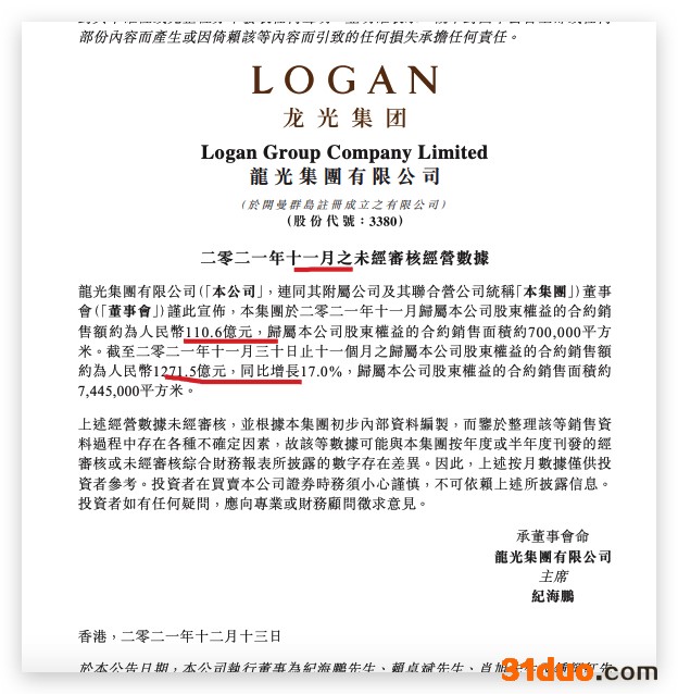 龙光集团前11月权益合约销售1271.5亿元 完成年度销售目标近九成