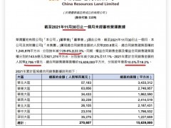 华润置地前11月销售同比增10% 单月销量同比下跌近三成
