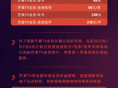 芒果TV宣布调整会员价格：连续包季上调5元、包年上调10元