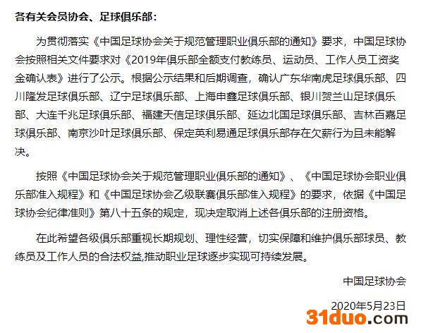 2020赛季中国足协准入公告截图。