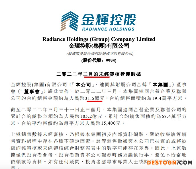 金辉控股前3月累计销售105亿单月微增3.3% 一次性偿付3.28亿元票据金额