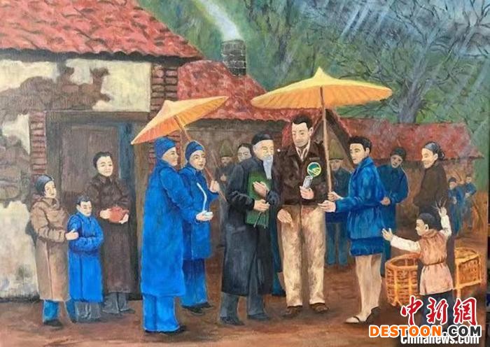 马西亚为杜立特行动80周年创作的油画《父亲与营救他的广丰村民》，表达他对上饶和广丰人民的感恩之情。 罗时平 供图