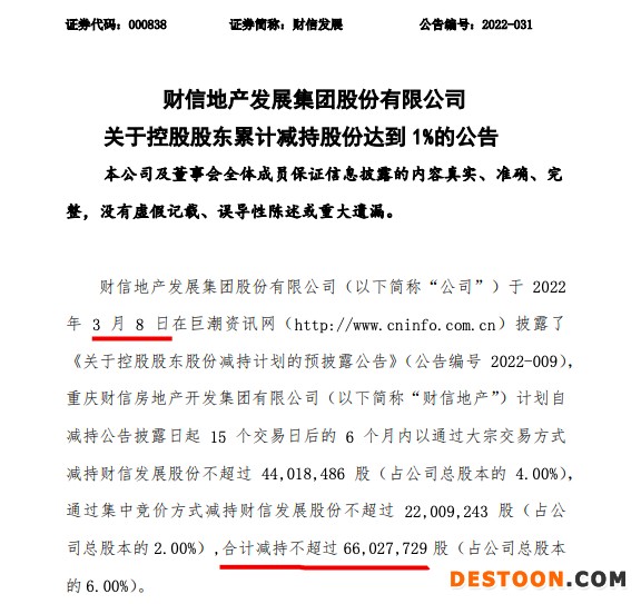 财信发展：公司累计减持1500万股 减持后持股比例降至43.34%