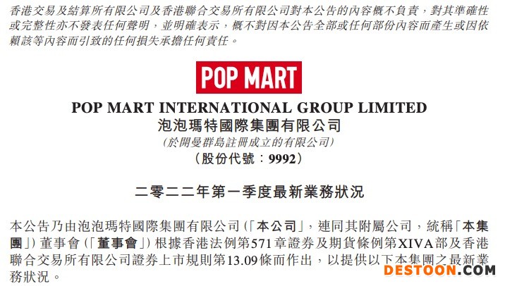 泡泡玛特:2022年一季度收益同比增长65%-70% 泡泡玛特:2022年一季度收益同比增长65%-70%