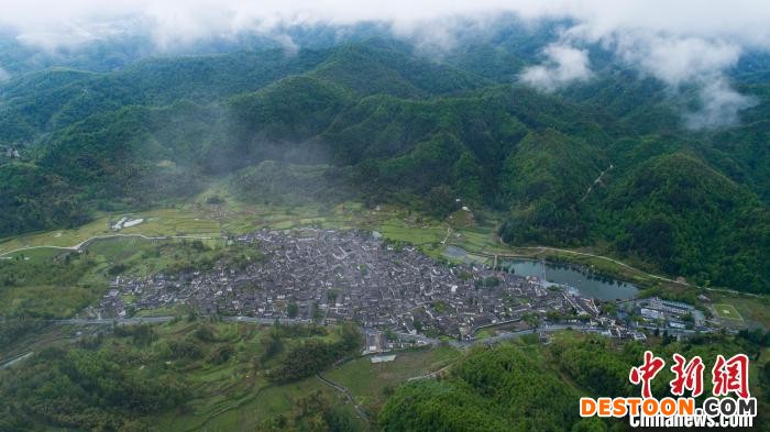 西递古村周围山峦环绕，经过春雨的洗涤，山林树木葱茏苍翠 汪澄 摄
