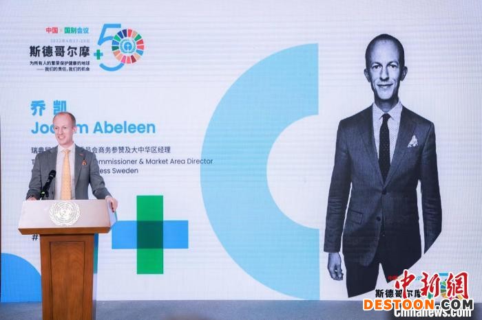 图为瑞典贸易与投资委员会商务参赞及大中华区经理乔凯发言。 UNDP、UNEP供图