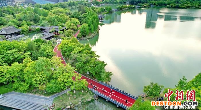 航拍江西赣州城市湿地公园绿树葱茏春意盎然