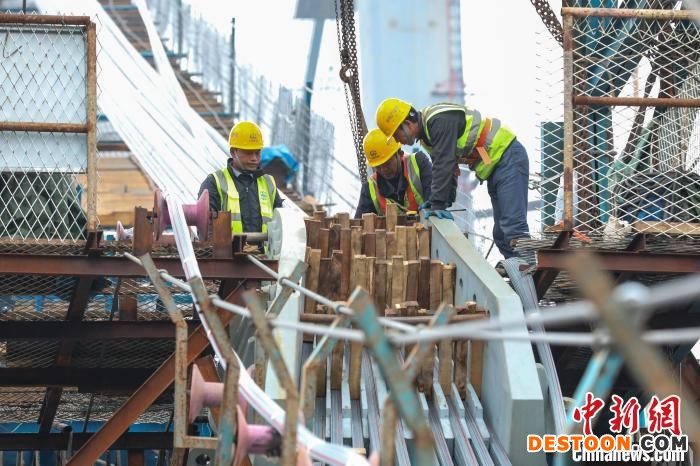 工人们在进行索股入鞍施工。 瞿宏伦 摄