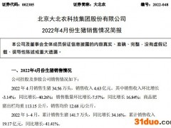 大北农4月份销售收入4.63亿元，同比下降40.26%