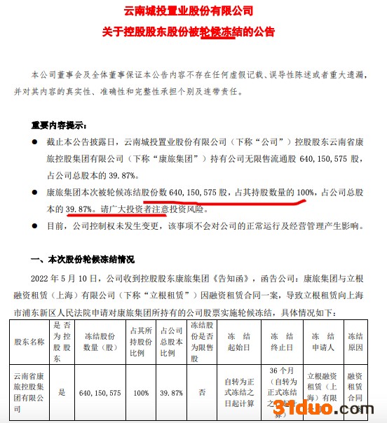 云南城投：控股股东云南康旅集团所持公司6.4亿股被轮候冻结