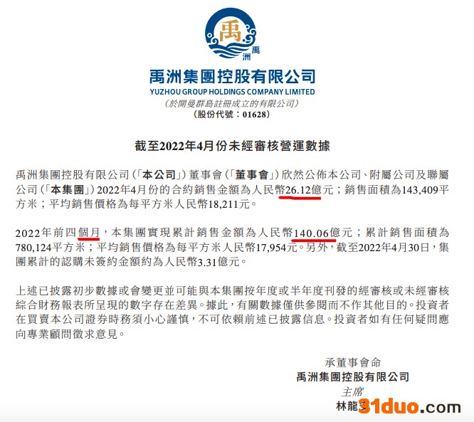 禹洲集团前4月销售额同比减少55.3% 单月销量降71.7%