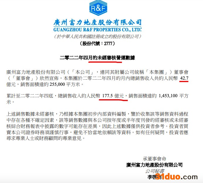 富力地产前4月销售总收入同比下降55.9% 单月下降56%
