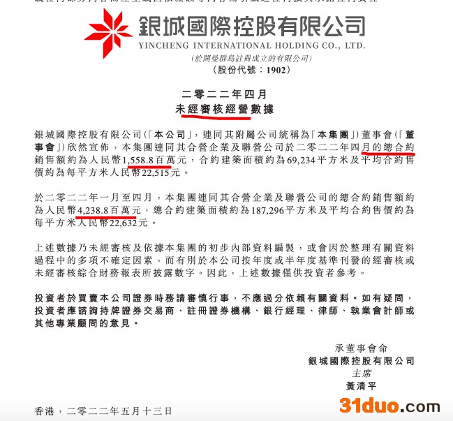 银城国际前4月合约销售同比减少57.7% 单月减少56.98%
