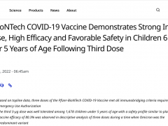 辉瑞披露初步试验结果：三剂疫苗对5岁以下幼儿有效性超80%