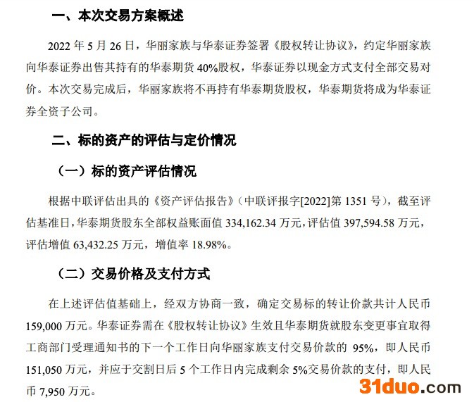 华丽家族：拟15.9亿元向华泰证券出售持有的华泰期货40%股权