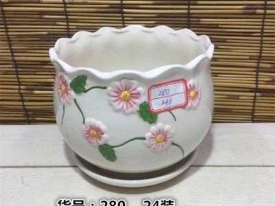 卖花郎园艺陶瓷白瓷花盆带托盘一体陶瓷浮雕桌面地面花卉大号花盆批发