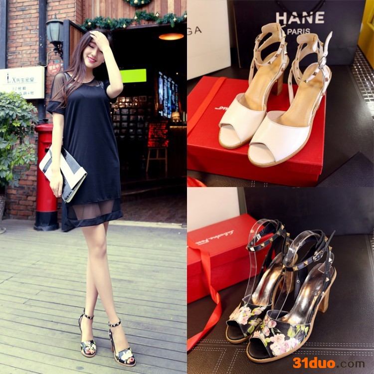 铆钉植物花卉真皮女鞋韩版凉鞋女