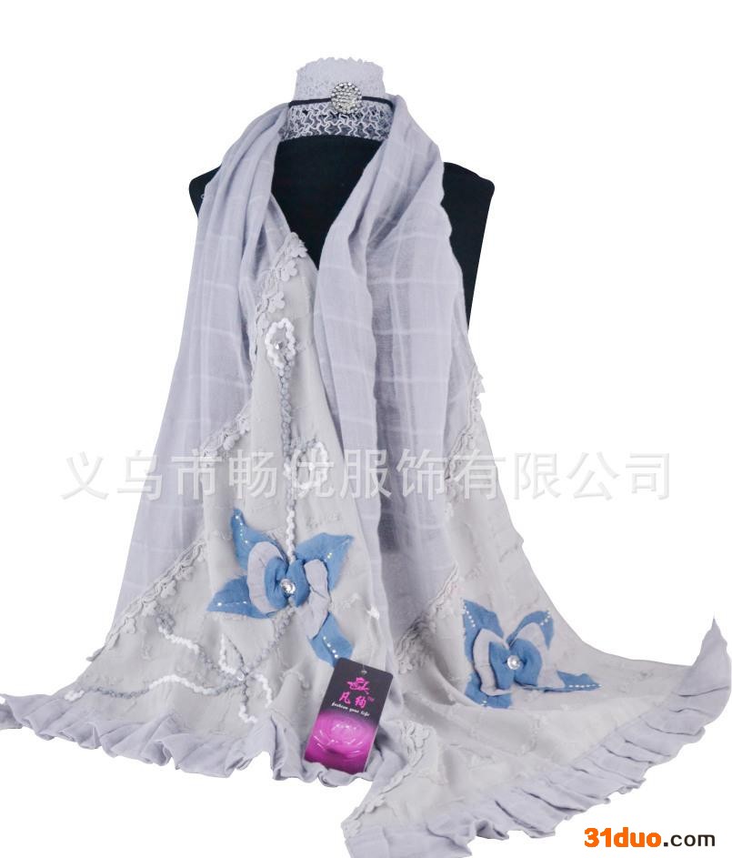 厂家 春夏新款仿真丝围巾 花卉褶皱围巾