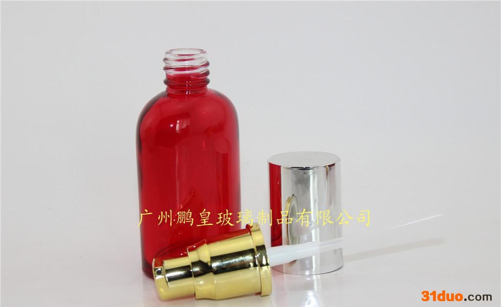椭圆形玻璃护肤品套装乳液瓶 配套金色喷头  红色喷漆加工