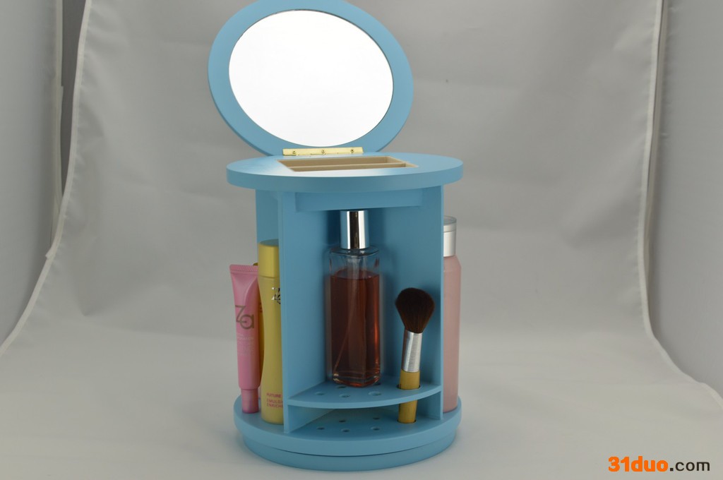 360度旋转 木质桌面化妆品收纳盒 韩版有盖护肤彩妆整理架 带镜子