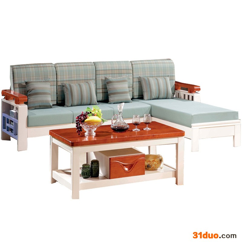 美加顺家具**转角贵妃橡胶木实木沙发组合 新中式 客厅沙发