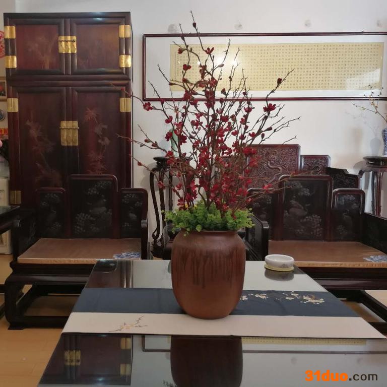 丰一阁 大红酸枝镶大叶紫檀檀雕沙发松鹤檀雕沙发厂家销售古典红木家具