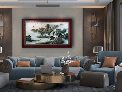 手绘瓷板画客厅沙发背景墙装饰画客厅挂画峡江晨韵