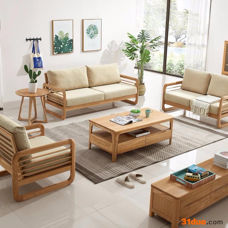 康旭木业实木沙发北欧沙发客厅沙发三组合白橡木沙发沙贝沙发小户型软包沙发可拆洗日式圆角沙发客厅套装组合