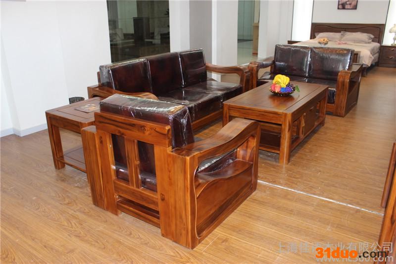 佳语轩实木沙发柚木沙发客厅组合沙发现代中式牛皮沙发**