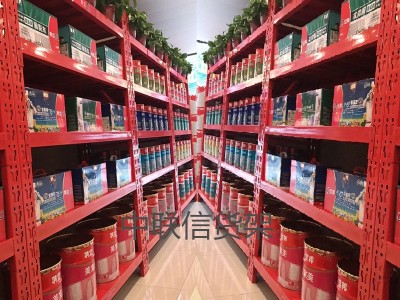乳胶漆货架红色货架油漆货架涂料货架建材货架产品道具架广告墙架展示架