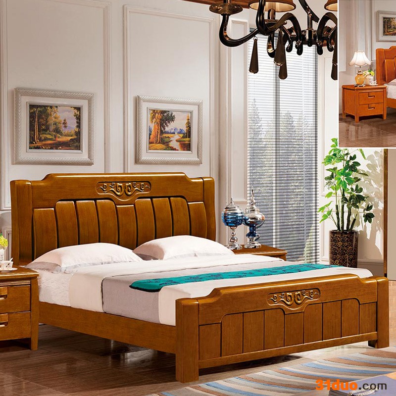 新中式家具实木双人床 简约卧室实木床 现代中式双人实木靠背床