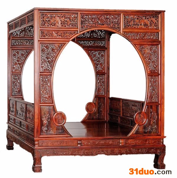 丰一阁 红木家具 老挝大红红酸枝交趾黄檀双月洞门千工花鸟架子床 红木批发 红木家具厂家