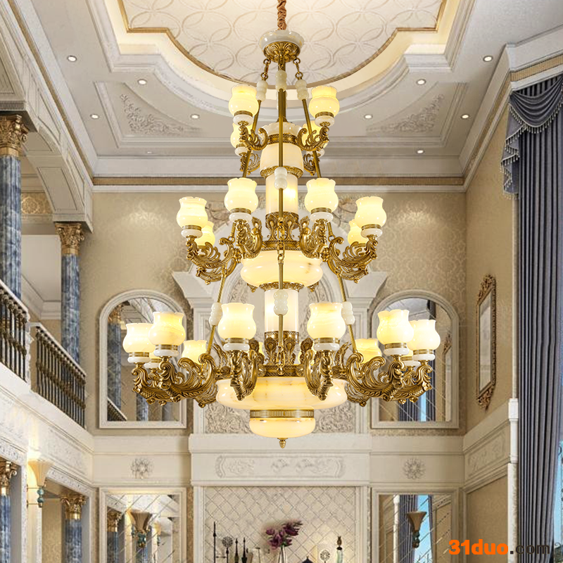 樊灯别墅大吊灯天然云石吊灯全铜欧式灯具客厅餐厅楼梯长灯饰玉石灯