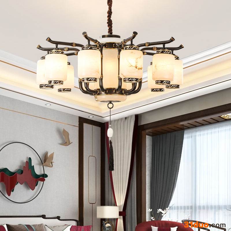 樊灯叠墅艺术吊灯云石玉石灯别墅复式楼全铜吊灯欧式灯具美式大吊灯