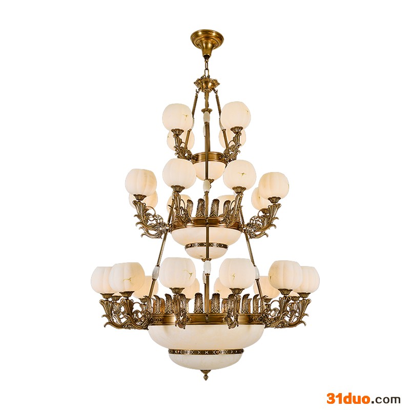 樊灯铜吊灯别墅复式楼全铜云石吊灯玉石经典大气创意轻奢挑高中空楼梯灯长灯具