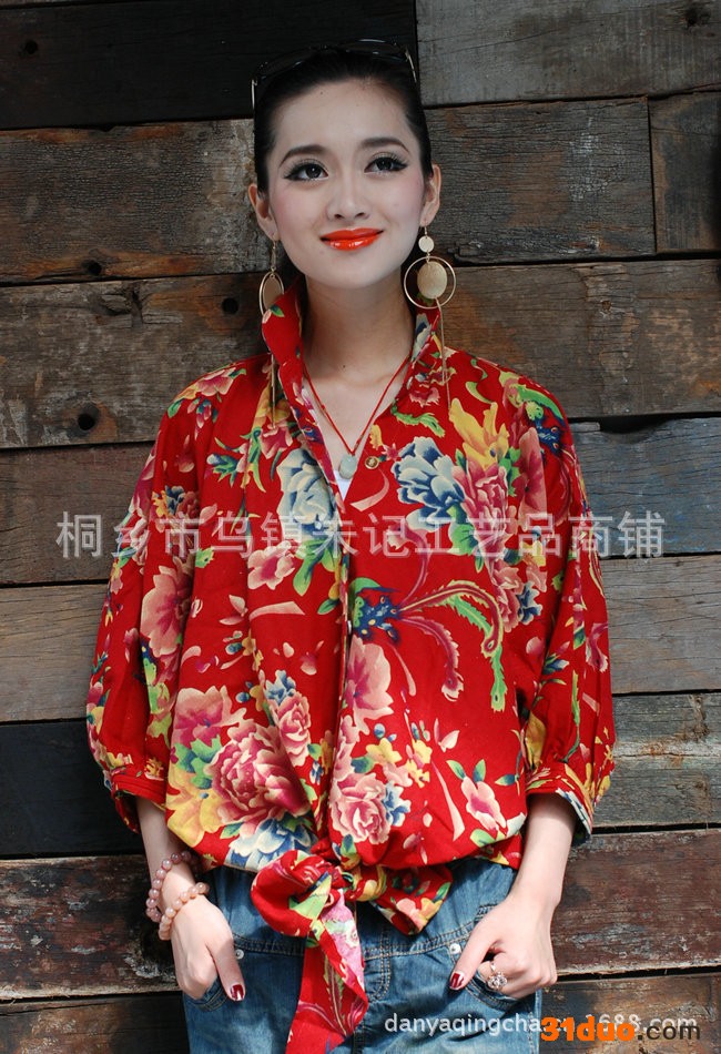 2013秋款中式民族风服饰 亚麻老花布**打结衬衫 东北大花