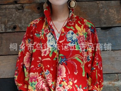 2013秋款中式民族风服饰 亚麻老花布**打结衬衫 东北大花