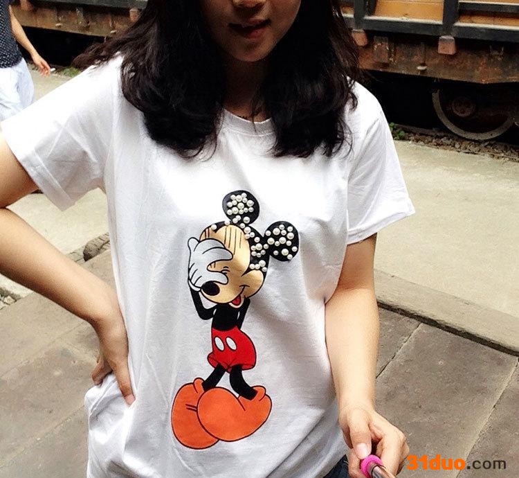 2015新款 衣色服饰 女款圆领纯棉夏装 白色米奇图案短袖T