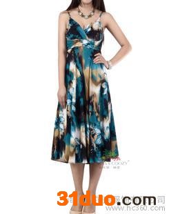 供应丝妮雅&酷哲水墨兰花长吊带海边休闲度假沙滩裙特色旅游服饰