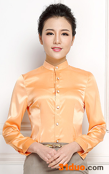泓嘉服饰2女韩版职业装女春夏装优雅亮橙色长袖时尚款衬衣 橘色 衬衣
