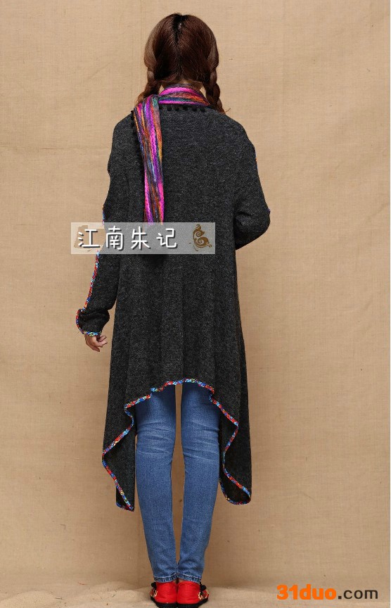 民族风服饰新款毛衣 七彩条纹拼接不规则下摆长袖毛呢绣花外套