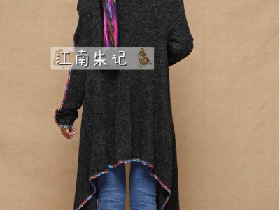 民族风服饰新款毛衣 七彩条纹拼接不规则下摆长袖毛呢绣花外套