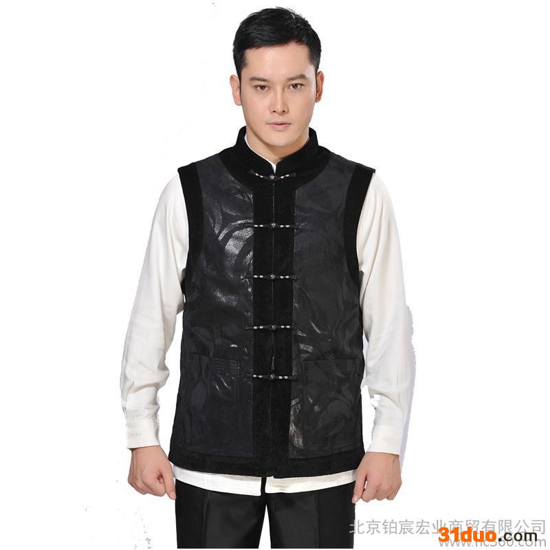 中老年唐装民族服饰中式外套中国风立领休闲秋冬季黑色背心 马褂