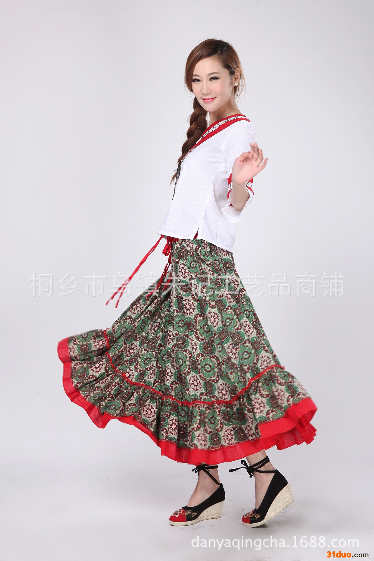 民族风荷叶边半身裙 复古碎花棉麻长裙裹胸裙两穿 民族服饰