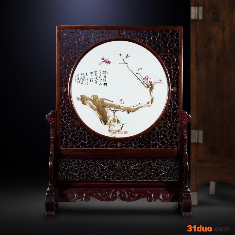 【瓷上功夫】名人画作陶瓷屏风釉上彩绘梅花复古瓷板画艺术品收藏